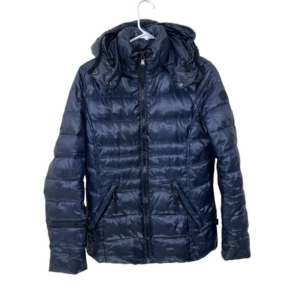 Andrew Marc Jacket Womens XS 650 Fill Power Feather Down Hooded Puffer Coat Navy - Picture 1 of 9